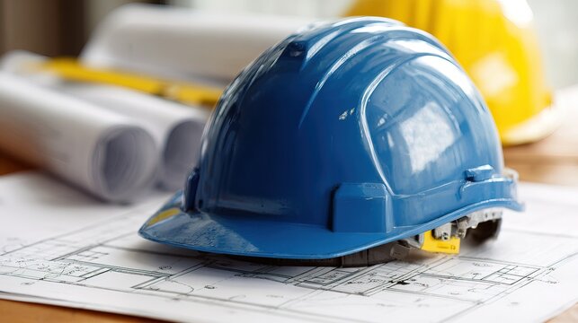 Blue construction helmet resting on architectural blueprints with a yellow helmet and rolled plans blurred in the background.