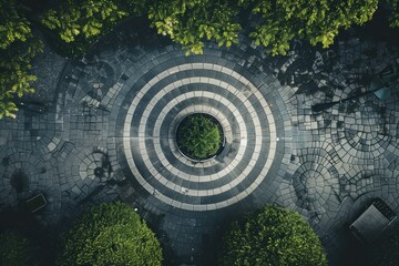 Aerial view of a circular paving stone pattern with a central tree creating a target design, surrounded by green bushes