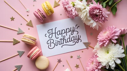Celebrate a happy birthday with colorful macarons, delicate flowers, and whimsical decorations against a cheerful pink background conveying joy and festive cheer.
