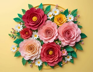 A beautiful rose bouquet of various colors,  isolated on yellow background