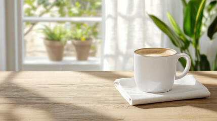 Steaming cup of coffee wooden table, surrounded by natural light and greenery, creates warm