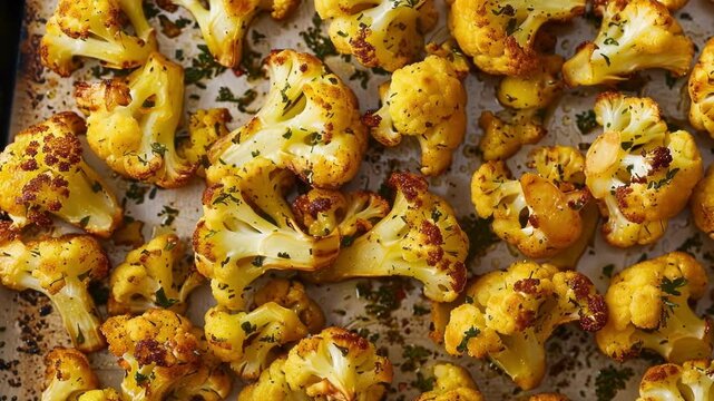 Deliciously seasoned and roasted cauliflower florets are arranged on a baking sheet, offering a healthy and flavorful vegetarian dish