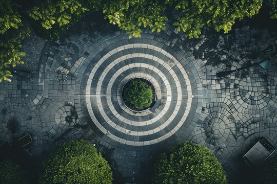 Aerial view of a circular paving stone pattern with a central tree creating a target design, surrounded by green bushes