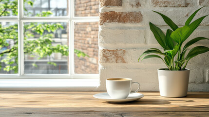 Cozy coffee scene featuring white cup rustic wooden table, with green plant beside it