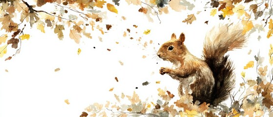 Top view of squirrel gathering nuts watercolor copy space calm autumn tones Double exposure silhouette with scattered leaves and twigs