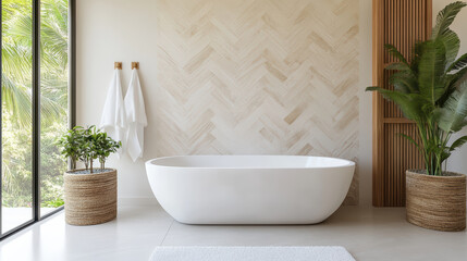 Fototapeta premium Luxurious bathroom with modern bathtub, elegant decor, and natural light