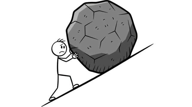 Cartoon Stick Figure Pushing Heavy Stone Uphill Repetitively Showing Struggle and Perseverance