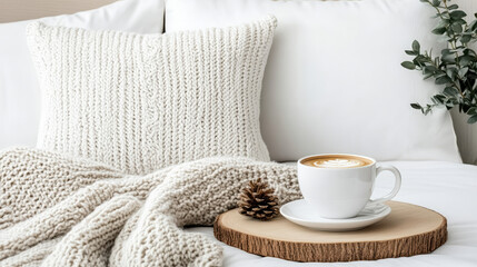 Cozy reading moment with coffee, soft cushion, and warm blanket creates relaxing atmosphere