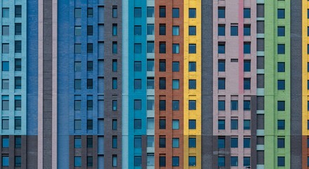 Fototapeta premium Colorful facade of a modern apartment building with rows of windows and brickwork