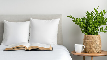 Cozy bedroom scene with open book, white pillows, and potted plant on side table