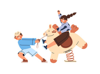 Happy kids ride spring rider on playground. Children swing on rocker in park. Friends play, have fun on school ground, outdoors together. Flat isolated vector illustration on white background
