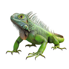 Fototapeta premium Detailed illustration of a vibrant green iguana with sharp claws and prominent crests isolated on transparent background