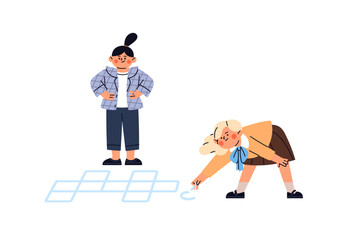 Children play hopscotch on playground of school yard. Kids drawing with chalks on road in kindergarten. Little girls have fun together outdoors. Flat isolated vector illustration on white background