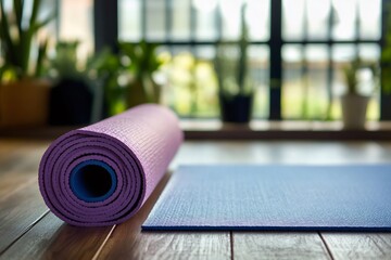 Yoga mat partially rolled on wooden floor with plants on background, promoting healthy lifestyle and mindfulness