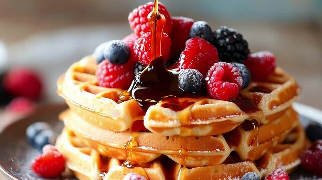 Indulge in a delicious breakfast treat with a stack of golden brown. Crispy waffles topped with a colorful mix of raspberries. Blueberries. And blackberries