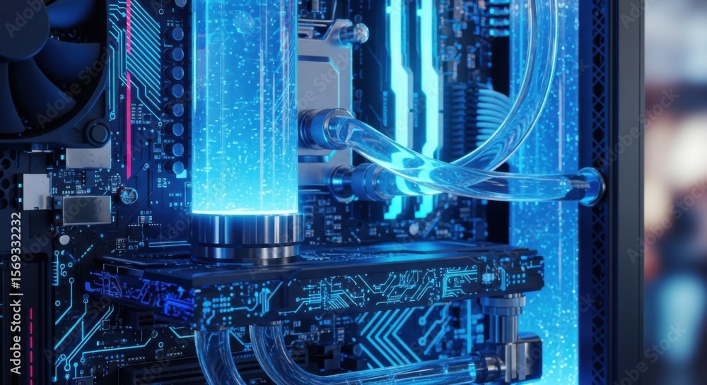 Aufkleber close-up of a high-performance computer with a custom liquid cooling system. modern gaming pc interi