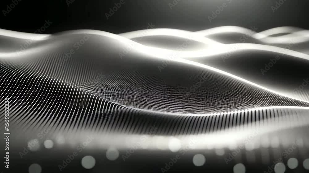 Poster abstract flowing silver waves with bokeh lights on a black background animation