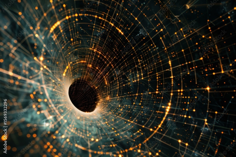 Poster wormhole tunnel grid creating time travel through spacetime continuum, visualized with digital art