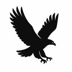 Obraz premium Flying eagle silhouette vector, powerful bird graphic, freedom symbol, majestic eagle wings spread, wildlife animal icon, minimal strong eagle art, bold raptor shape for logo and print.