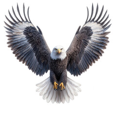 Majestic bald eagle with wings spread wide in flight showcasing detailed feathers and piercing gaze isolated on transparent background
