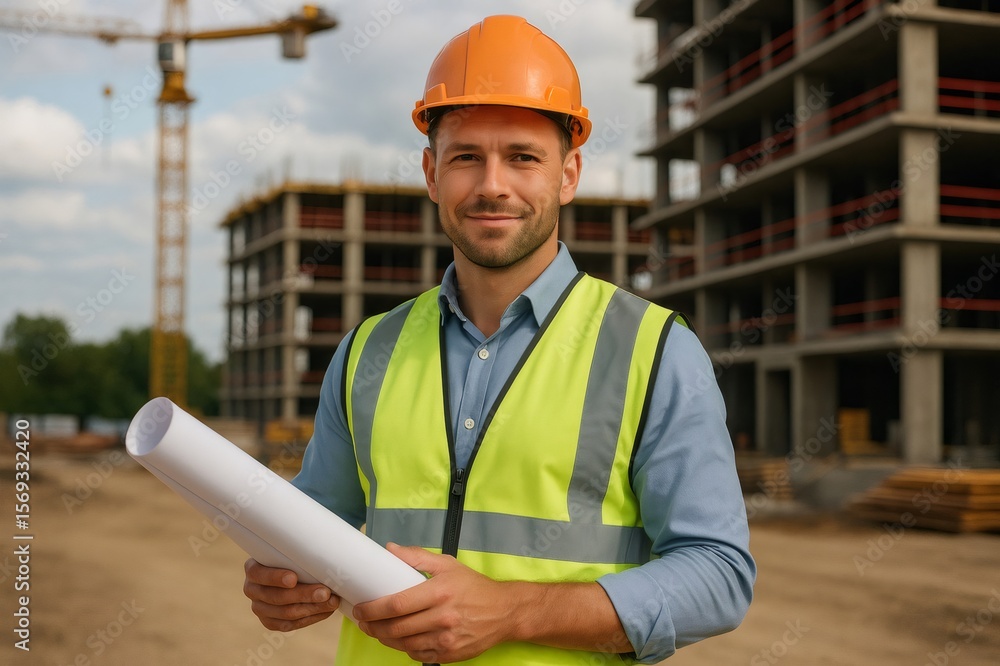 Poster portrait of a smiling project manager holding blueprints on a construction site, with crane and buil