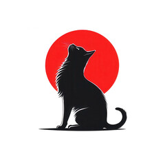 Stylized black cat silhouette looking up at a bright red moon isolated on transparent background
