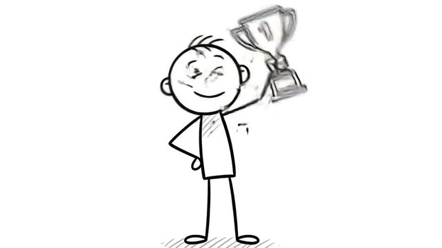 Celebrating Victory: Animated Stick Figure Champion Holding a Trophy in Various Poses