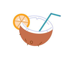 Exotic cocktail in coconut with straw. Fresh coctail, refreshing beverage in fruit nut. Tropical soft drink in shell decorated with lemon. Flat isolated vector illustration on white background