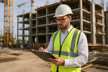 Fototapeta premium Construction engineer wearing safety helmet and vest writing notes on clipboard inspecting building site under construction