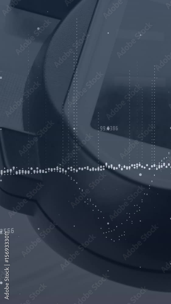 Poster animation of graphs and financial data over payment terminal