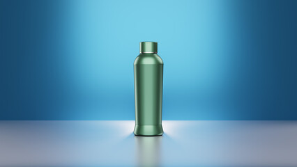 3D Metallic Bottle Mockup Render on Blue Background