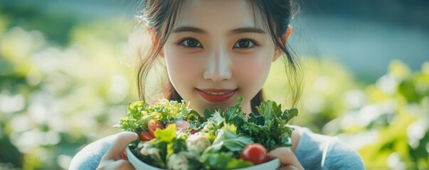 Young Asian woman enjoying a fresh salad as part of her weight loss diet, promoting healthy eating habits, Generative AI