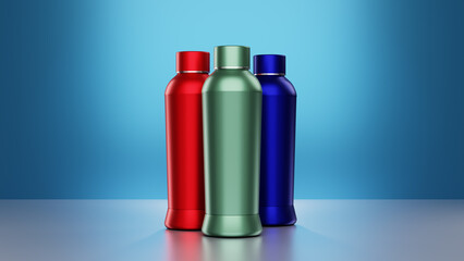 3D Metallic Bottle Mockup Render on Blue Background