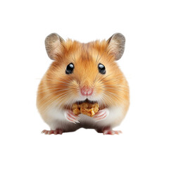 Close up of a cute fluffy syrian hamster holding a small piece of food in its paws isolated on transparent background