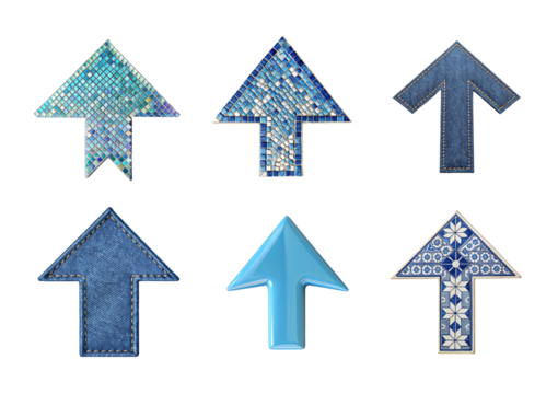 Set of blue ceramic arrow icons with on clean transparent background in PNG