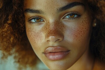 Young female with freckles on her face,  her natural beauty with a fresh and vibrant look, Generative AI