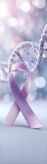Rett Syndrome Awareness close up of purple awareness ribbon focus on copy space gentle hopeful tones Double exposure silhouette with DNA strands
