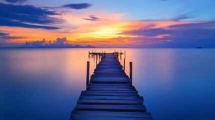  A rustic wooden pier extending into calm waters during sunset, vibrant skies above 