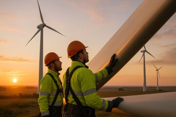 Two engineers inspecting a wind turbine blade at sunset, with other turbines in the background