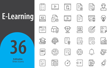 E-Learning Line Icons, Online Course, Video Tutorial, Quiz, Virtual Classroom, Certificate, Editable Formats: AI, EPS, PNG, JPG, Ideal for Both Digital and Print Use
