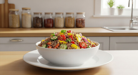 Poke bowl with salmon and vegetables on a kitchen counter.