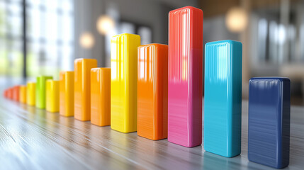 Colorful 3D bar chart with an up arrow symbolizing business growth and financial market success