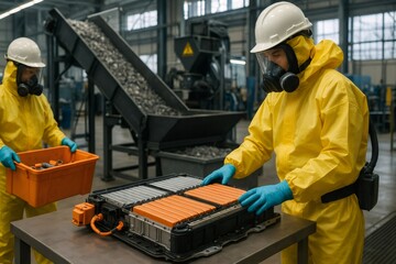Factory workers handling lithium ion batteries for electric vehicles recycling, wearing protective gear in a modern industrial plant