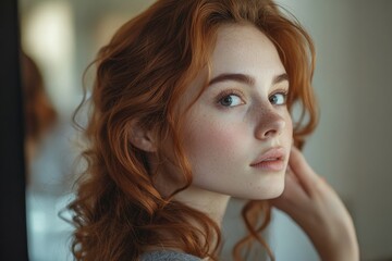 Women hairdo makeup routine: Young woman looking at the mirror and using an iron hair curling tool to curl her long hair at home, Generative AI