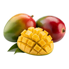 Two whole mangoes and a cut mango with leaves isolated on transparent background