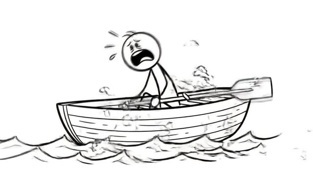 Comic Stick Figure in a Boat Experiencing Disaster, Drowning and Incompetence Concept