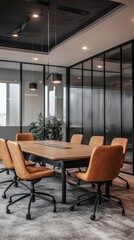 Fototapeta premium Modern, minimalist conference room with tan chairs.