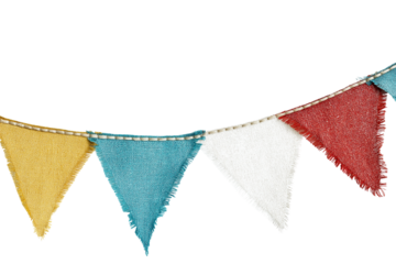 Colorful triangle flags hanging in  row, festive decoration for celebrations  isolated on white background