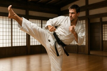 Skilled martial artist executing a powerful high kick in a traditional dojo, showcasing precision and discipline in martial arts training