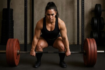 Focused female powerlifter in a gym setting, preparing to lift a heavy barbell. Strength and determination evident in her stance and expression